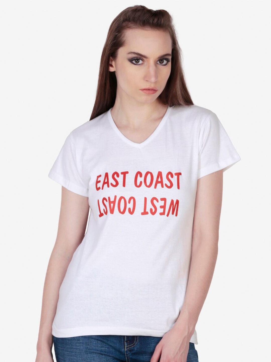 

Fashionable Typography Printed V-Neck Cotton T-shirt, White