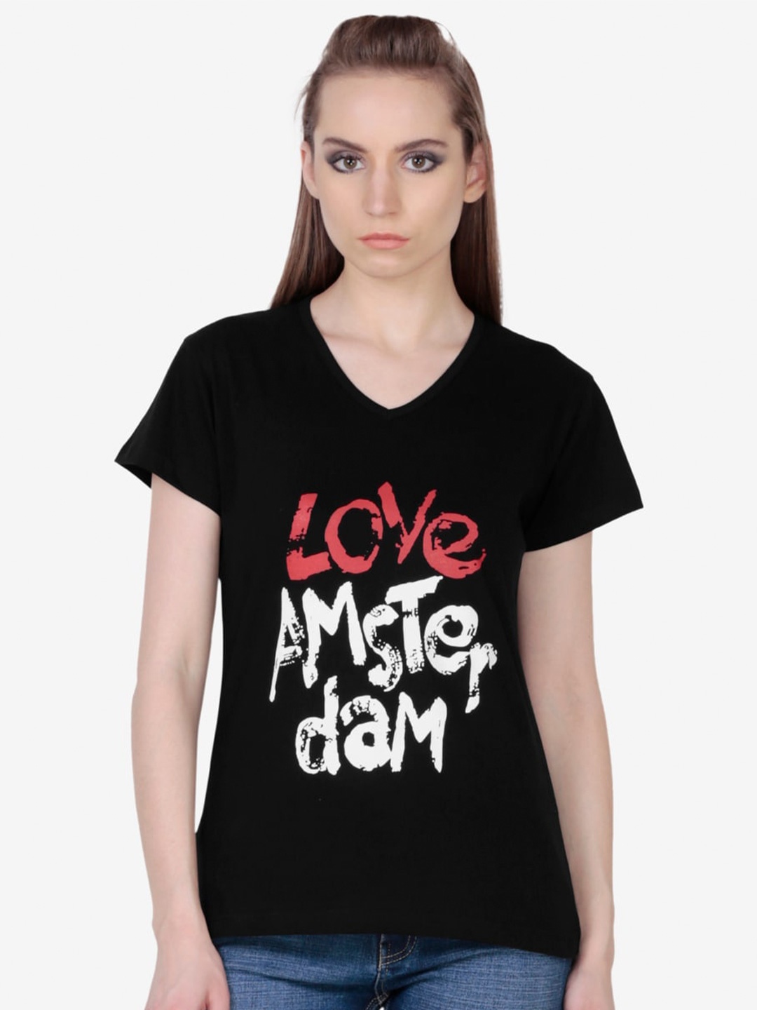 

Fashionable Typography Printed V-Neck Cotton T-Shirt, Black