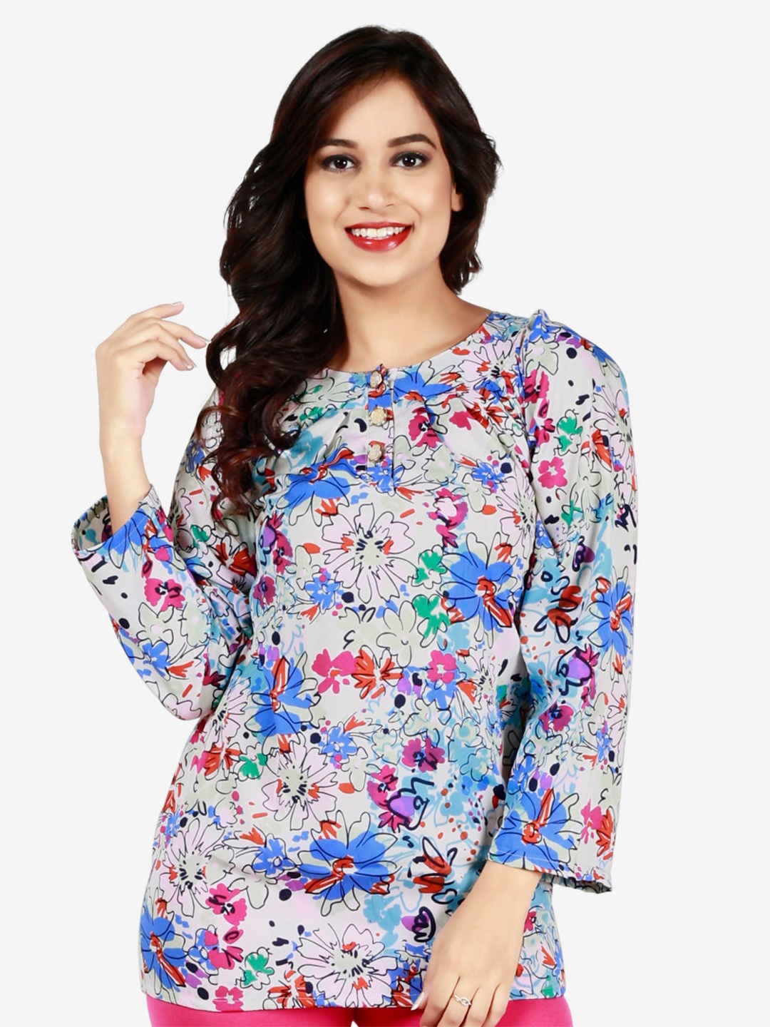 

Fashionable Floral Printed Long Sleeves Top, Blue