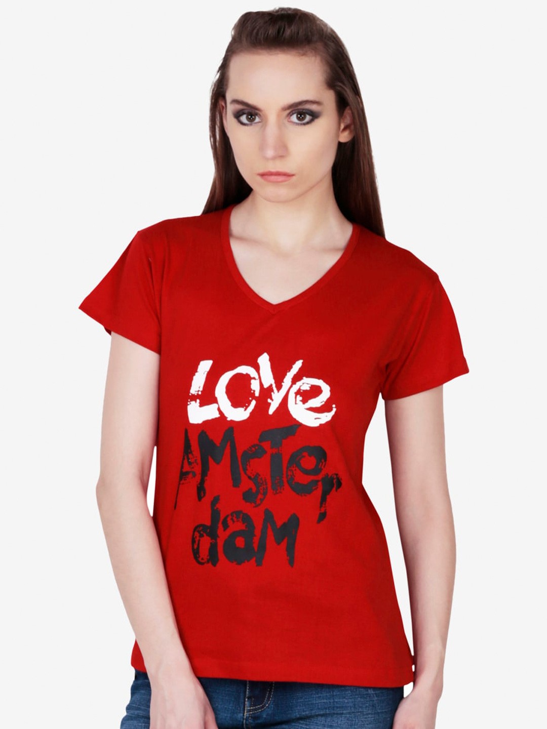 

Fashionable Typography Printed V-Neck Cotton T-shirt, Red