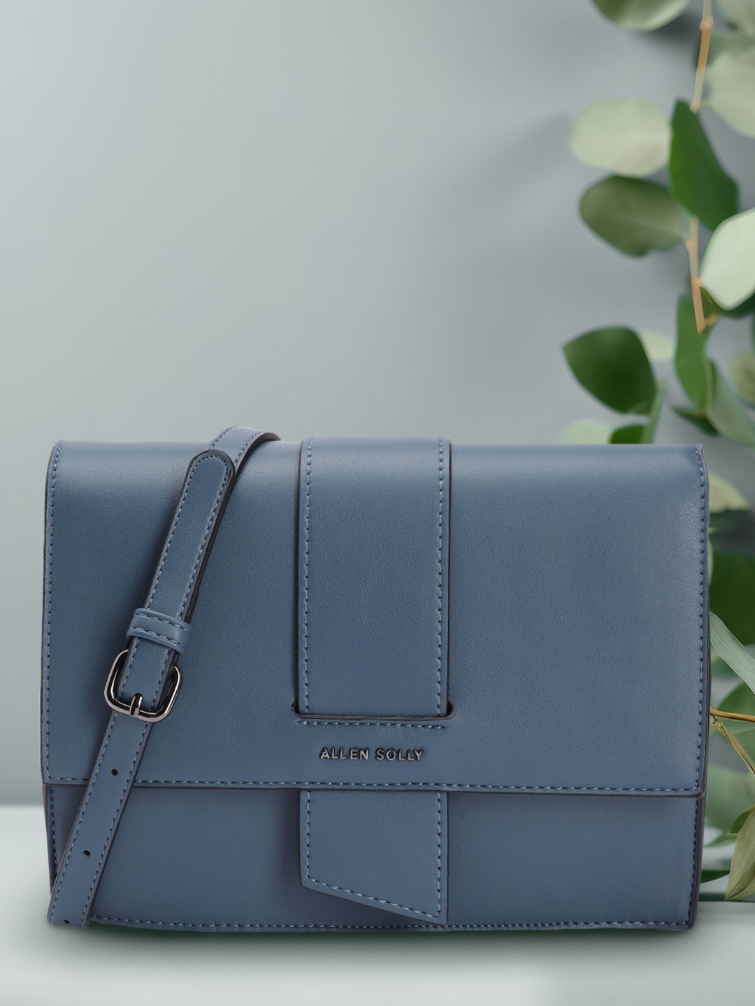 

Allen Solly Solid PU Structured Sling Bag with Strap Applique Detail, Blue