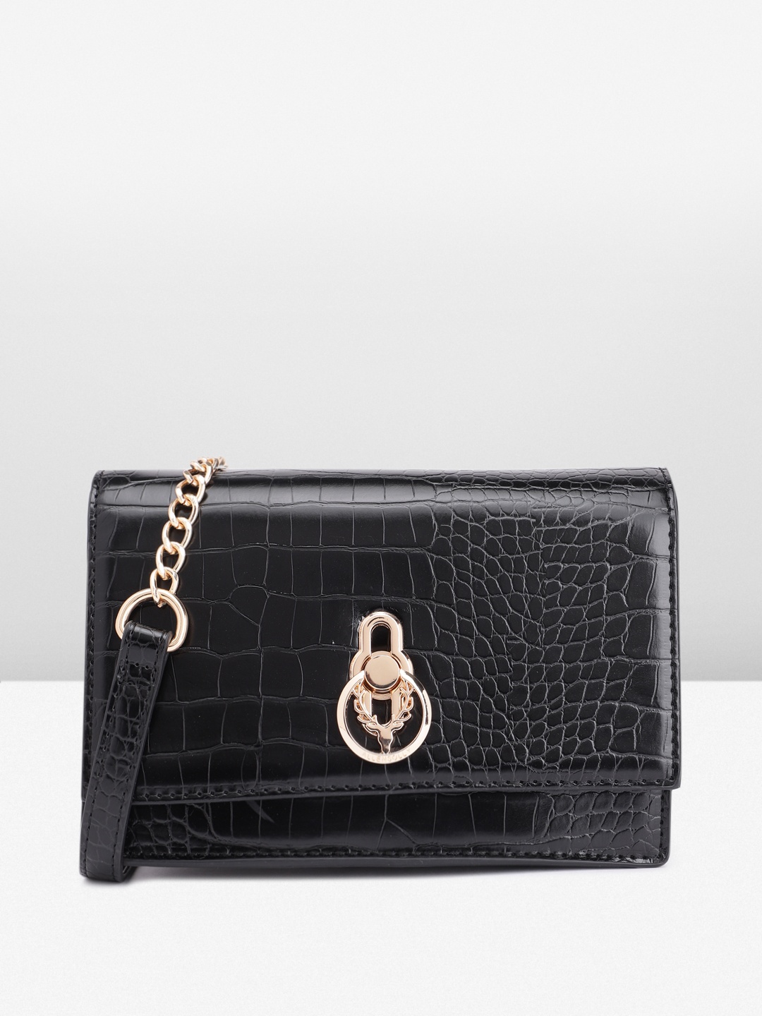 

Allen Solly Crocodile Textured PU Structured Sling Bag, Black
