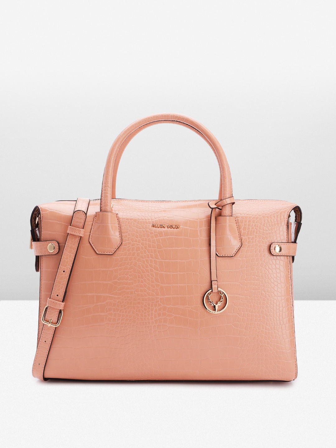 

Allen Solly Crocodile Textured PU Structured Laptop Handheld Bag with Tasselled Detail, Peach