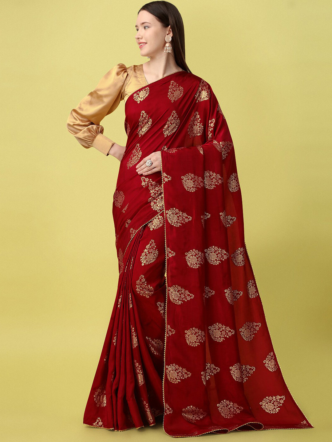 

MotiHamir Floral Woven Design Zari Pure Silk Saree, Maroon