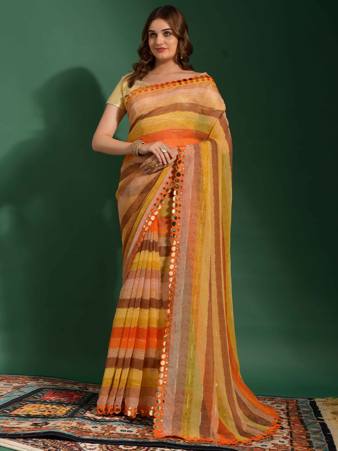 

VEERAX Striped Mirror Work Pure Georgette Saree, Peach