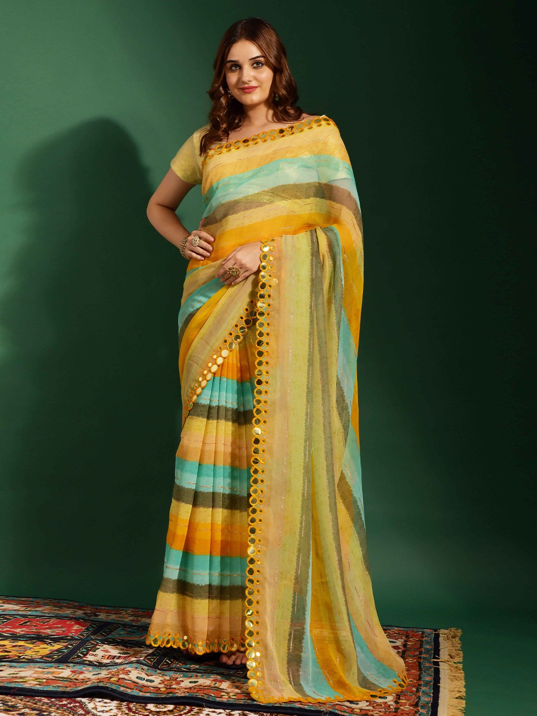 

VEERAX Striped Mirror Work Pure Georgette Saree, Yellow