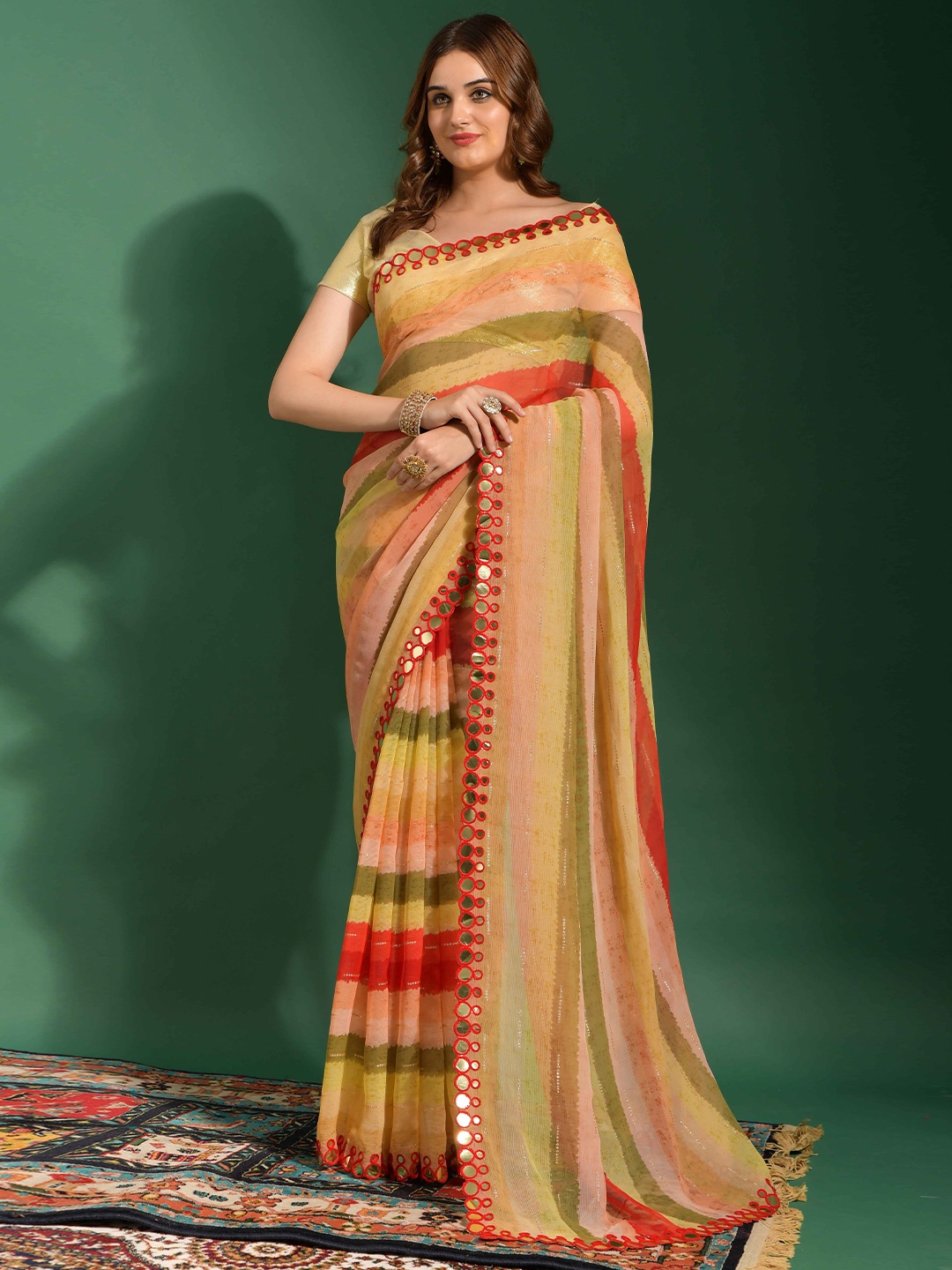 

VEERAX Striped Mirror Work Pure Georgette Saree, Yellow