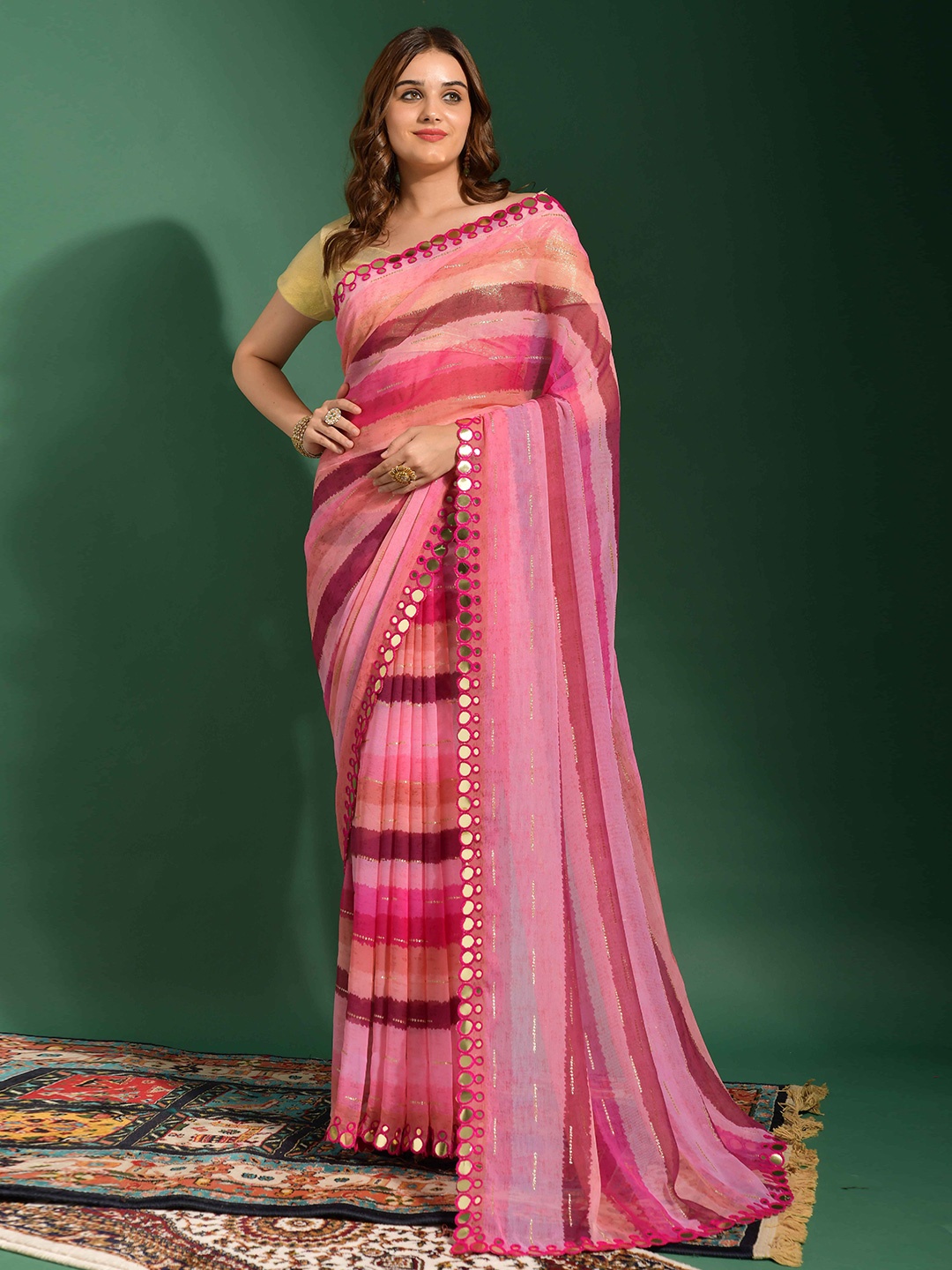 

VEERAX Striped Mirror Work Pure Georgette Saree, Pink