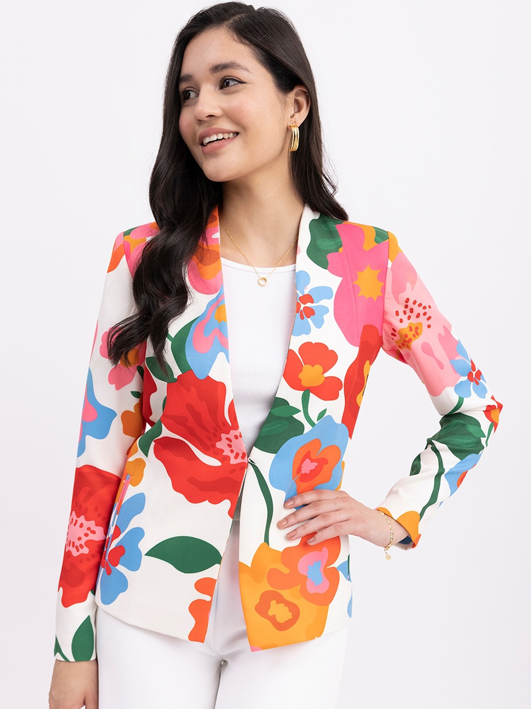 

FableStreet Floral Printed Single Breasted Casual Blazer, White