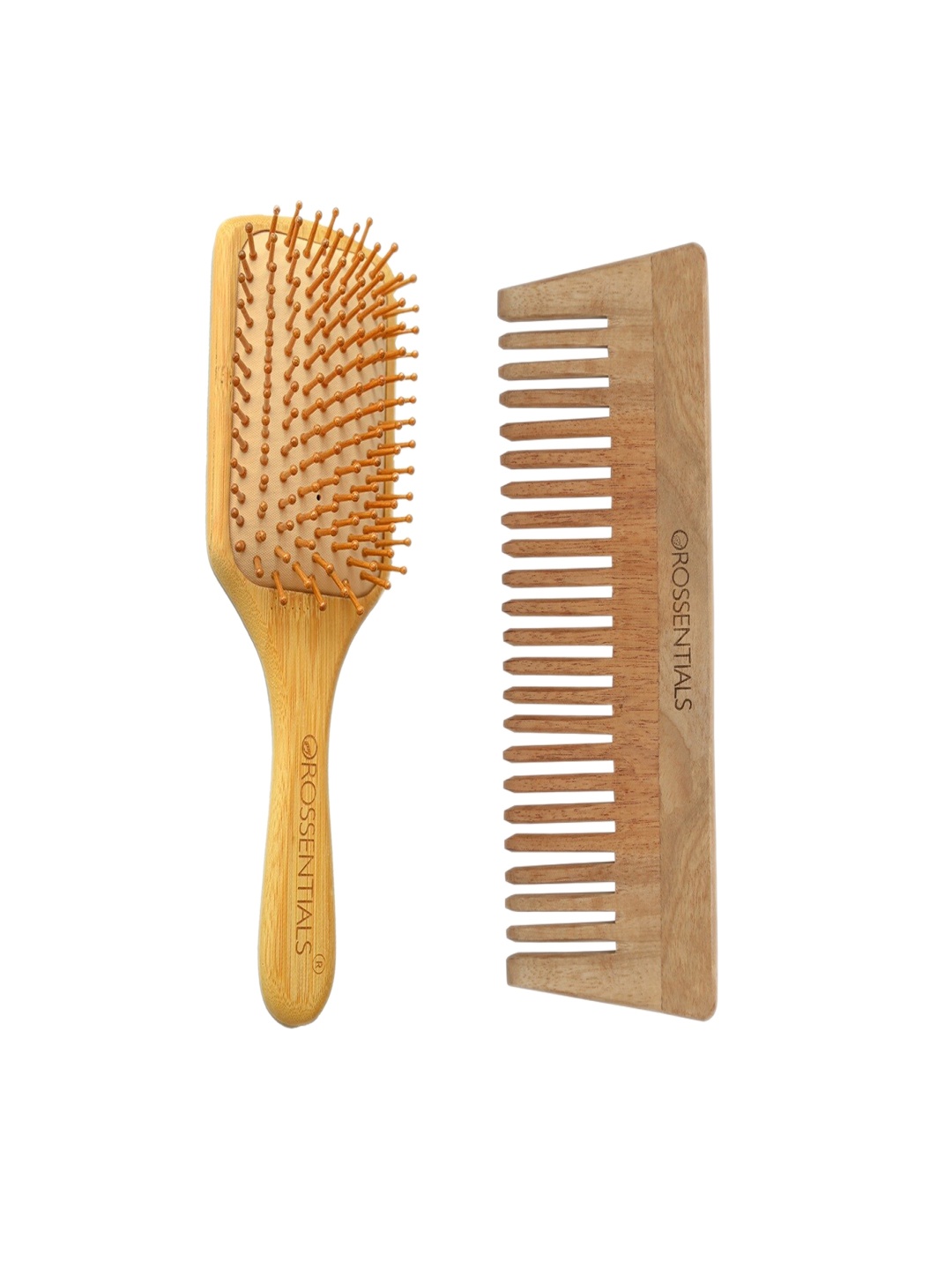 

OROSSENTIALS Set Of 2 Neem Wooden Hair Brush & Detangle Comb, Brown