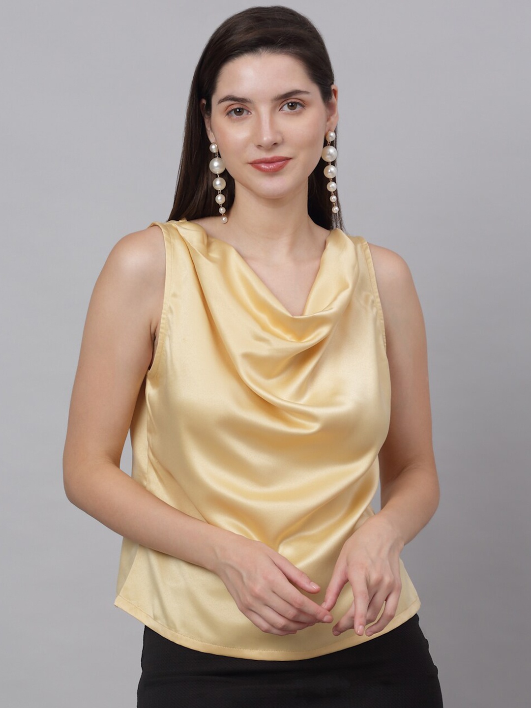 

NEUDIS Cowl Neck Satin Regular Top, Gold