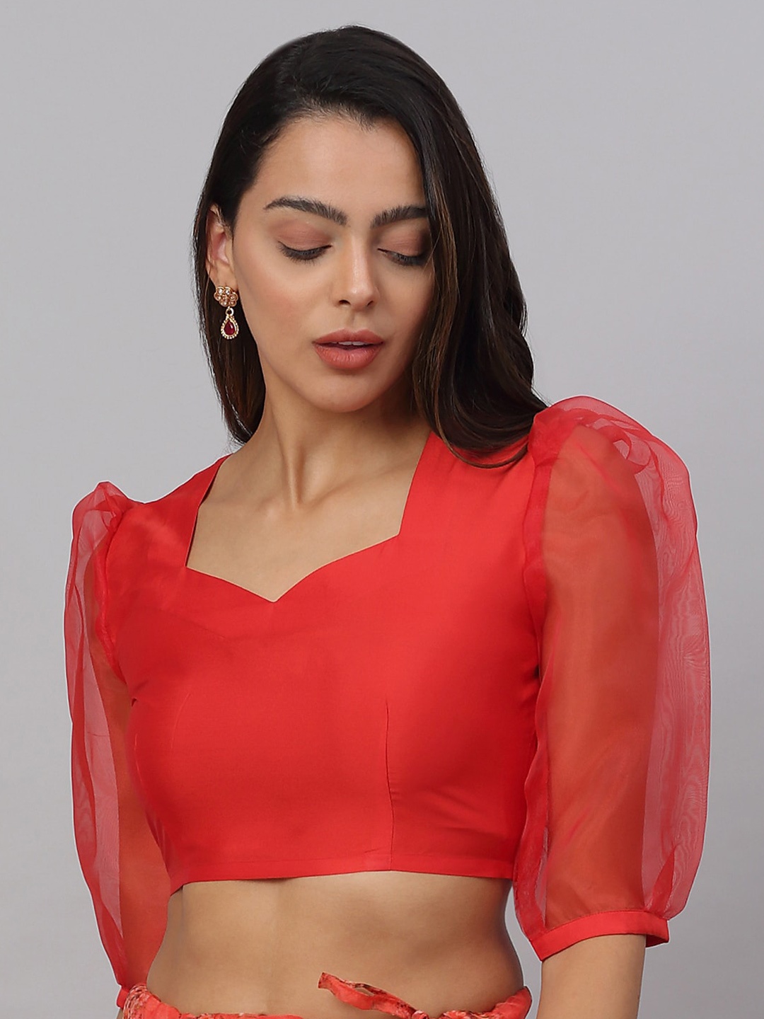 

NEUDIS Sweetheart Neck Puff Sleeve Blouson Crop Top, Red