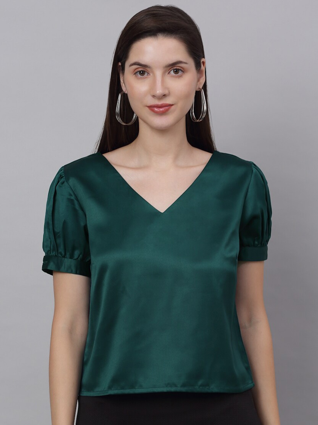 

NEUDIS V-Neck Puff Sleeves Satin Regular Top, Green