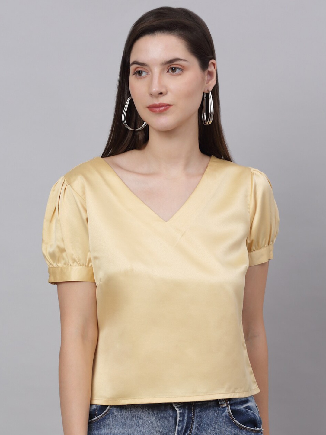 

NEUDIS V-Neck Puff Sleeves Satin Regular Top, Gold