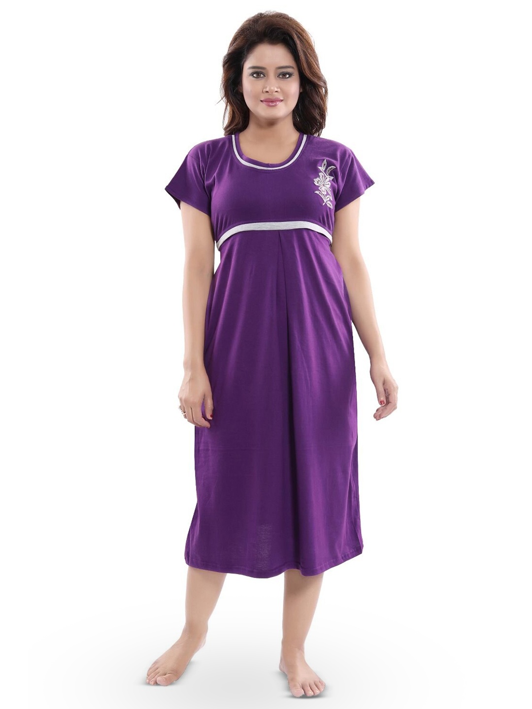 

Fabme Round Neck Pure Cotton Maternity Midi Nightdress, Purple