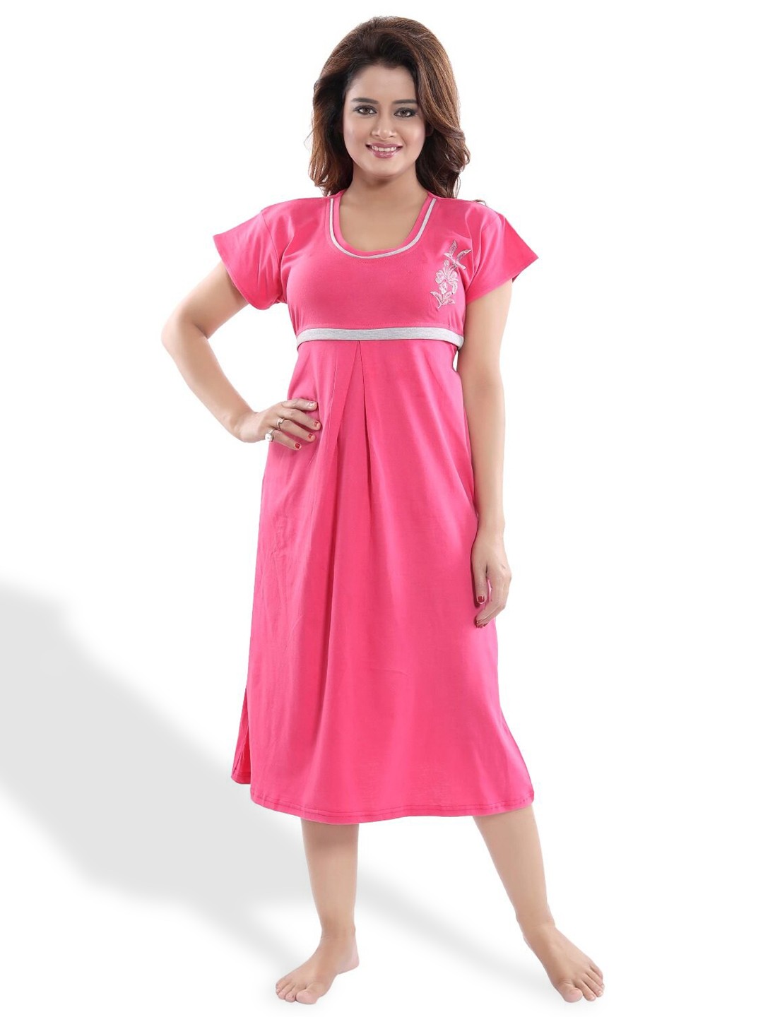 

Fabme Round Neck Pure Cotton Maternity Midi Nightdress, Pink