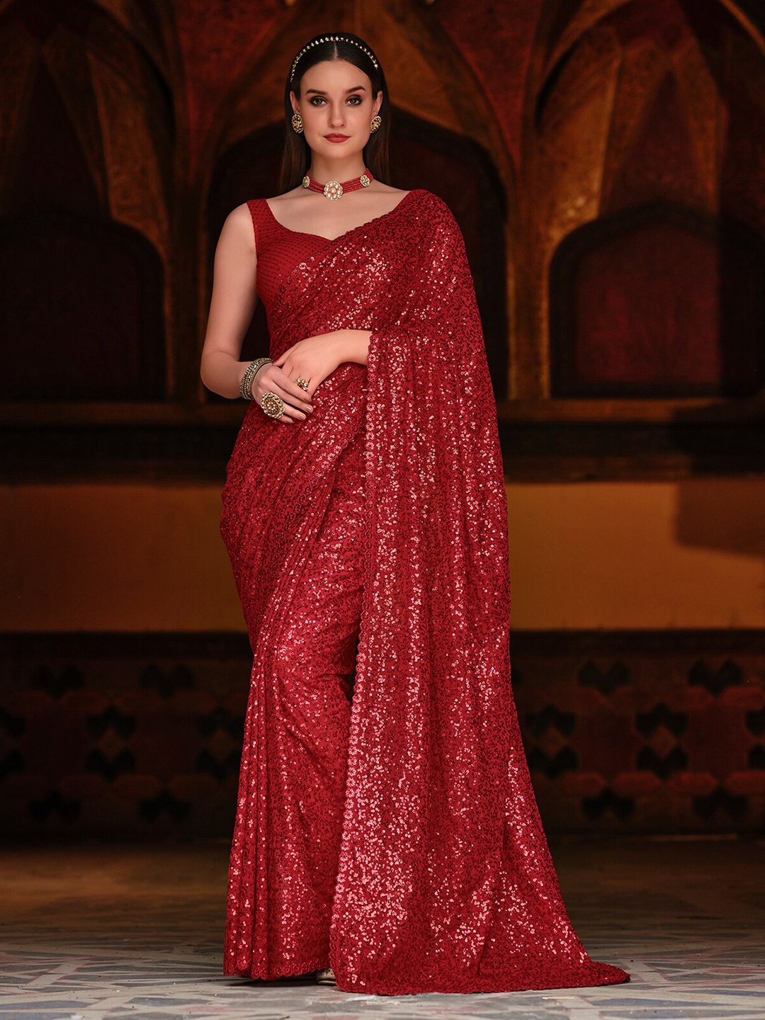 

ODETTE Red Sequinned Poly Georgette Saree