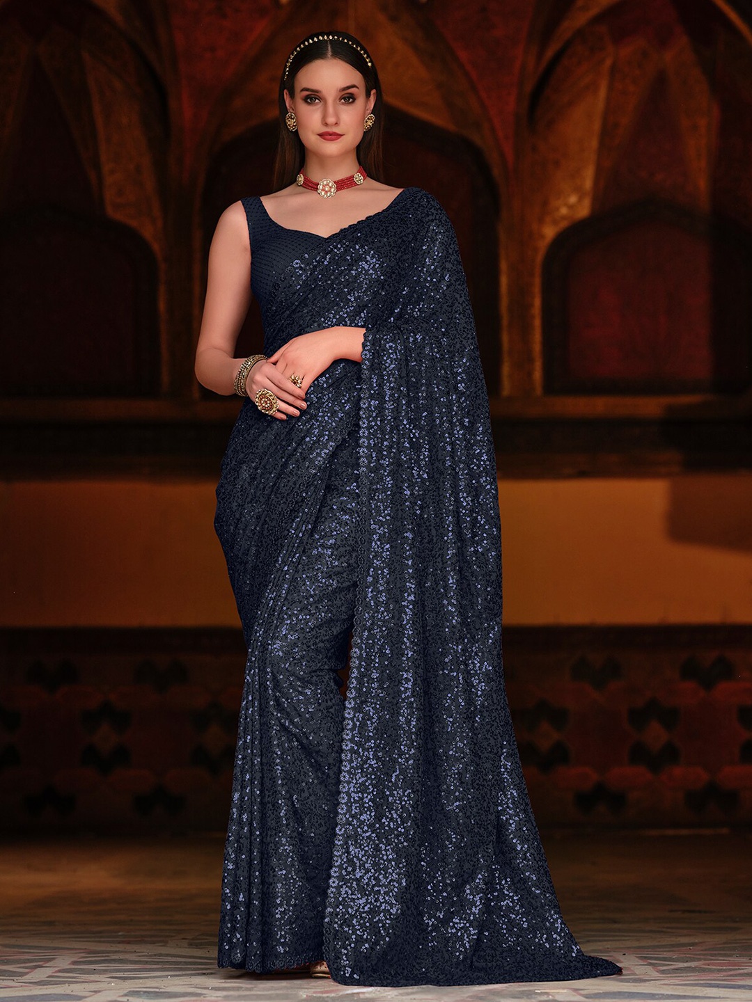

ODETTE Embellished Sequinned Saree, Navy blue