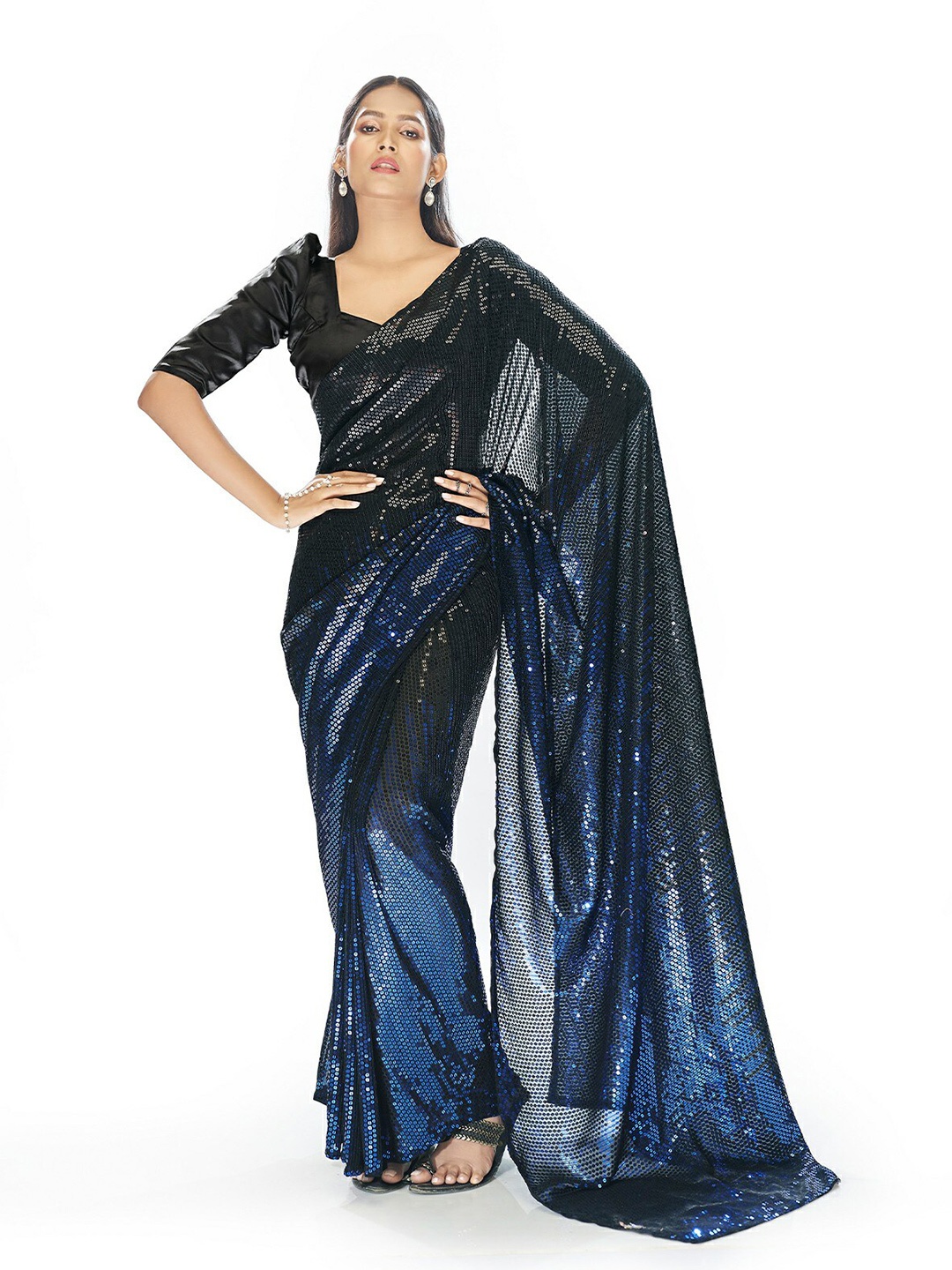 

ODETTE Embellished Sequinned Saree, Blue