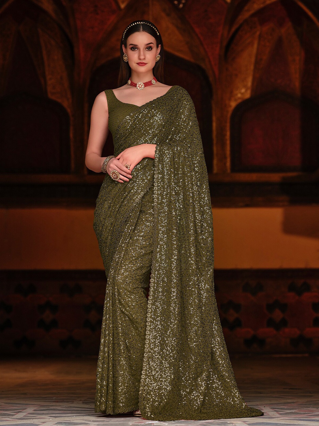 

ODETTE Embellished Sequinned Saree, Olive