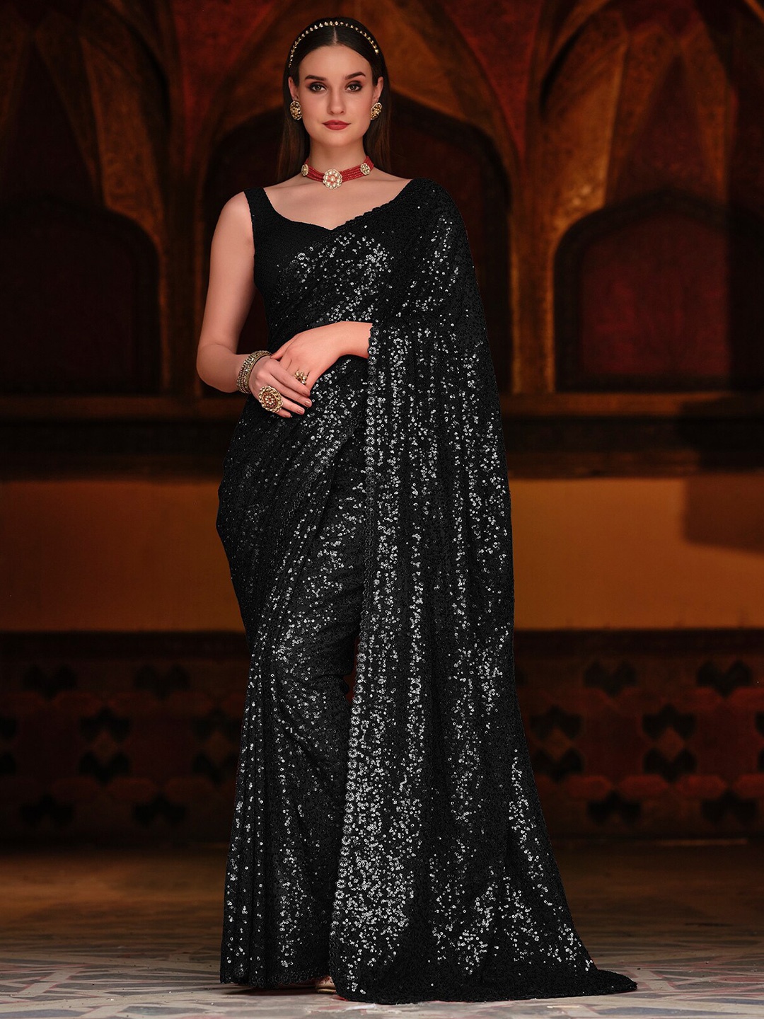 

ODETTE Sequinned Poly Georgette Saree, Black