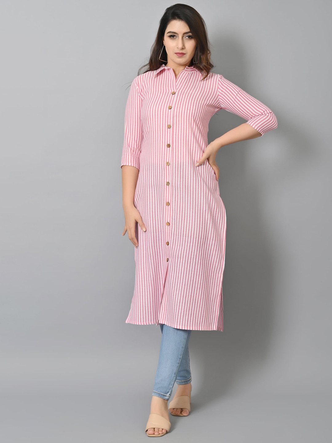 

VASTRAMANIAA Striped Shirt Collar Straight Kurta, Pink