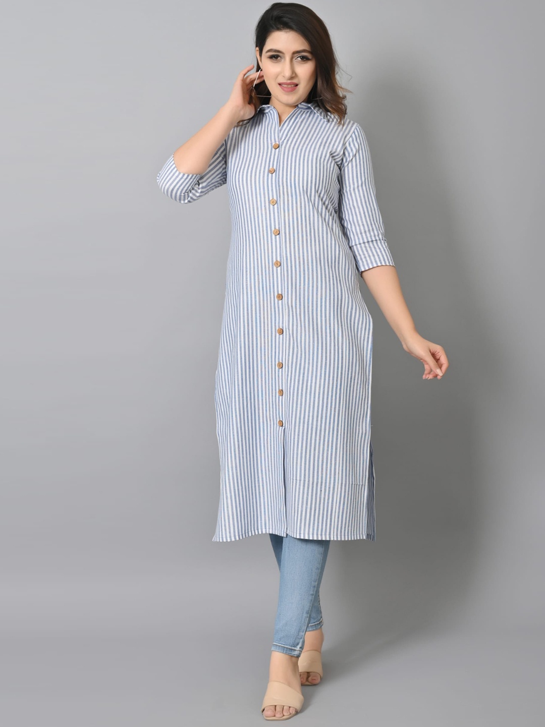 

VASTRAMANIAA Striped Shirt Collar Cotton Kurta, Blue