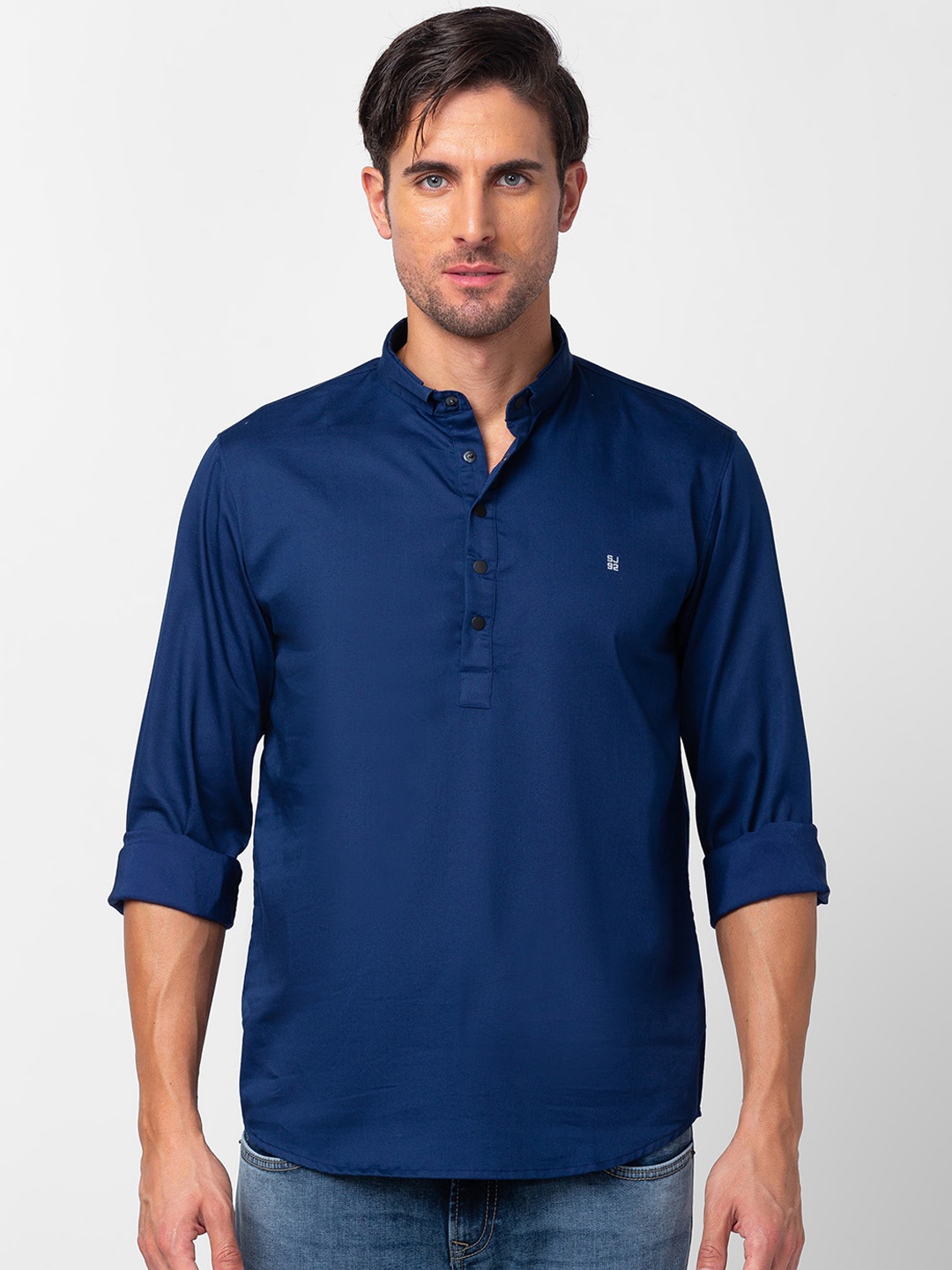 

SPYKAR Band Collar Cotton Short Kurta, Blue