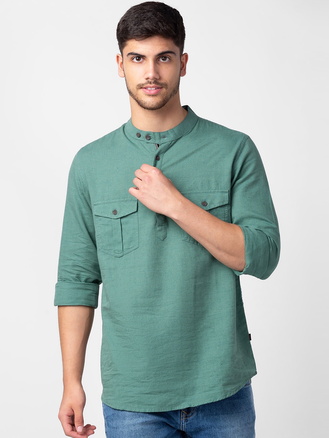

SPYKAR Band Collar Cotton Short Kurta, Green