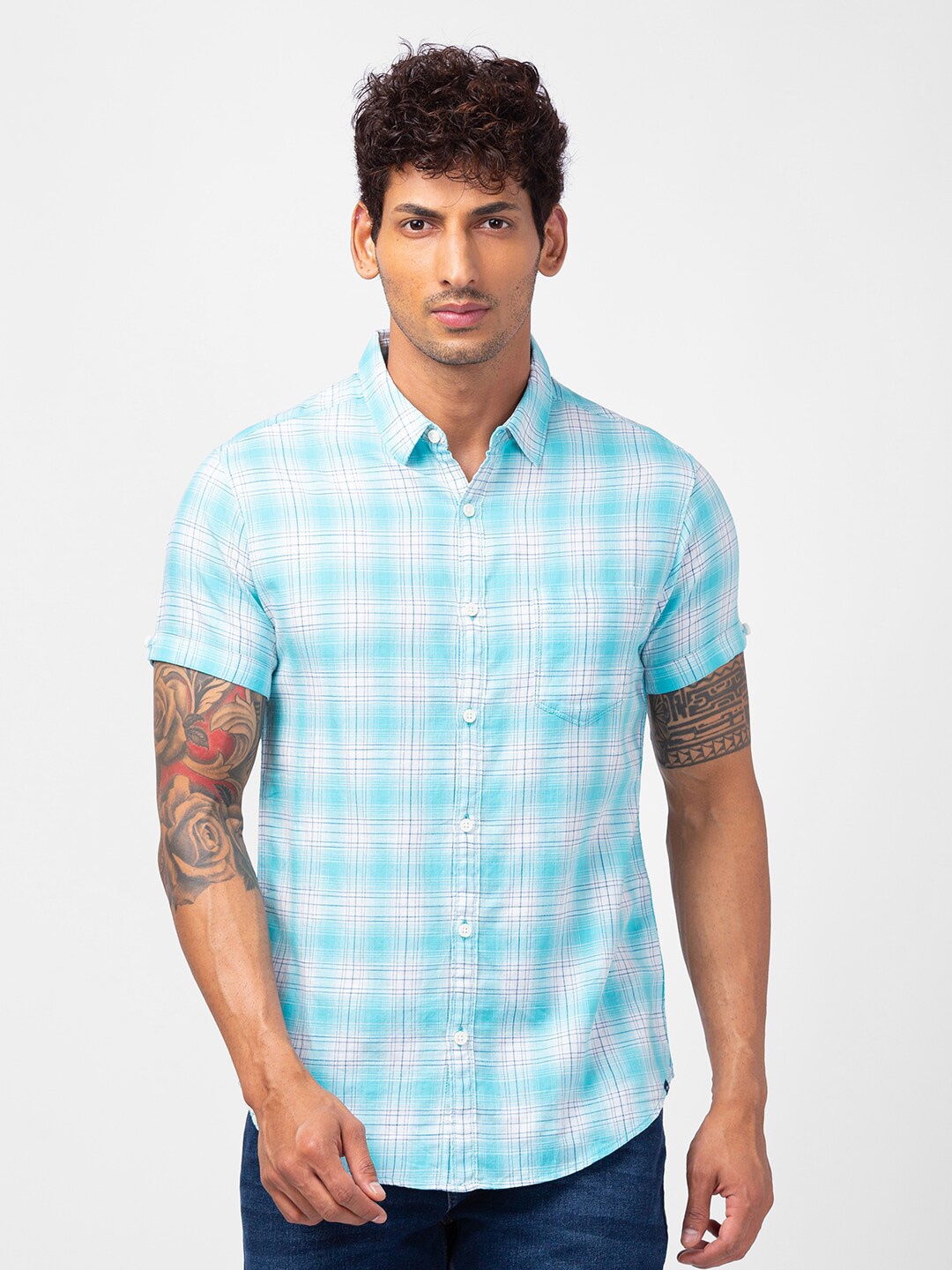 

SPYKAR Slim Fit Gingham Checks Opaque Checked Cotton Casual Shirt, Blue