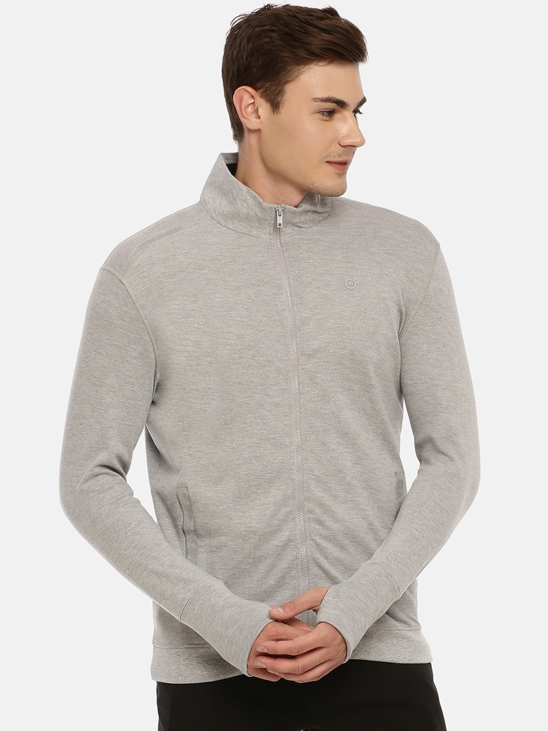 

Macroman M-Series Mock Collar Thumbhole Sleeves Sporty Jacket, Grey melange