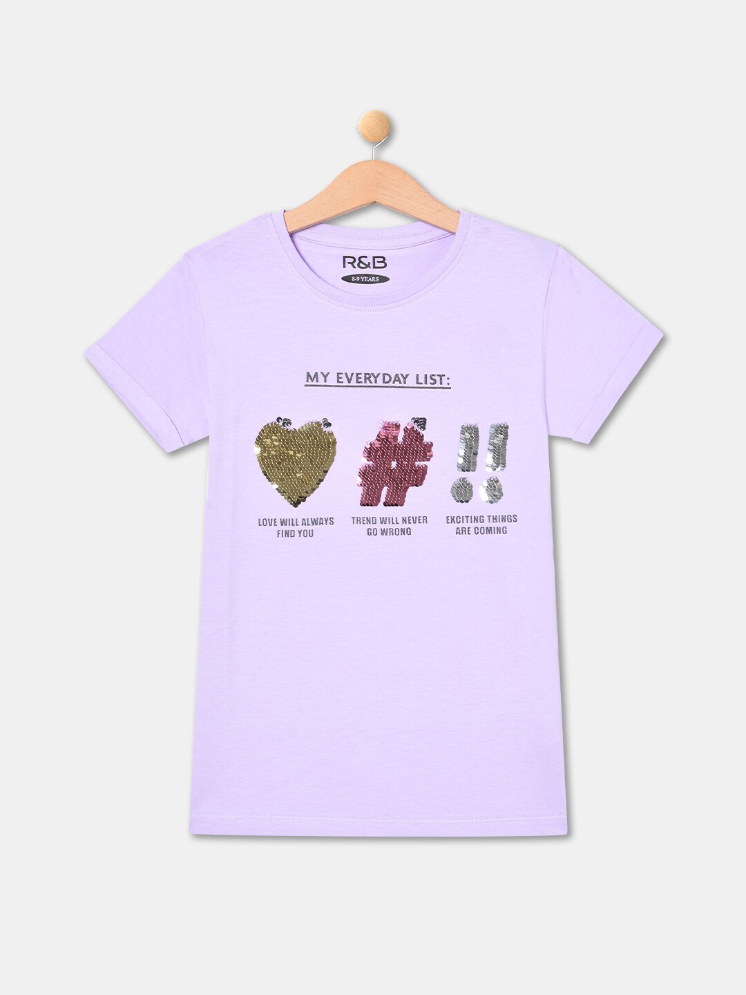 

R&B Girls Typography Printed Embellished Cotton T-shirt, Purple