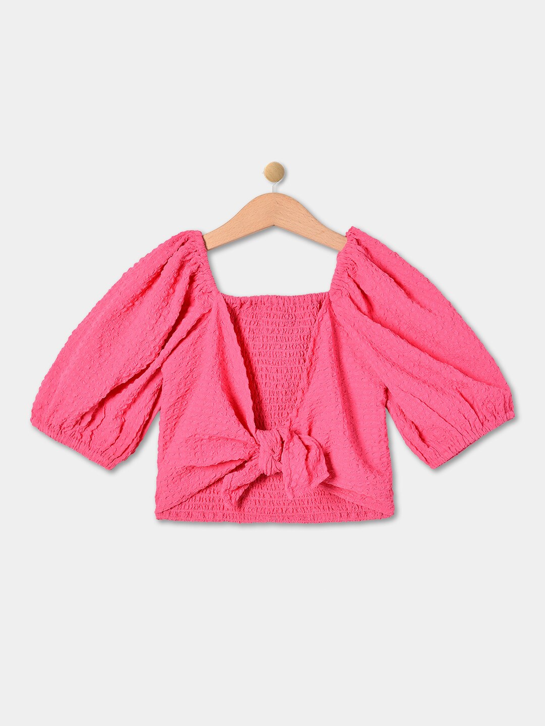 

R&B Girls Self Design Smocking Cotton Styled Back Top, Pink