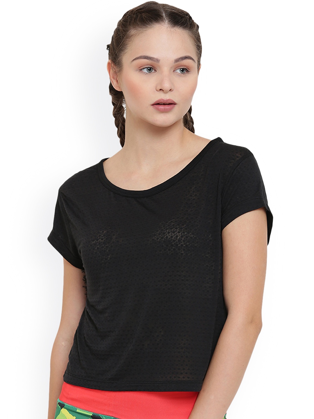 

Alcis Women Black Self Design Round Neck Sports T-shirt