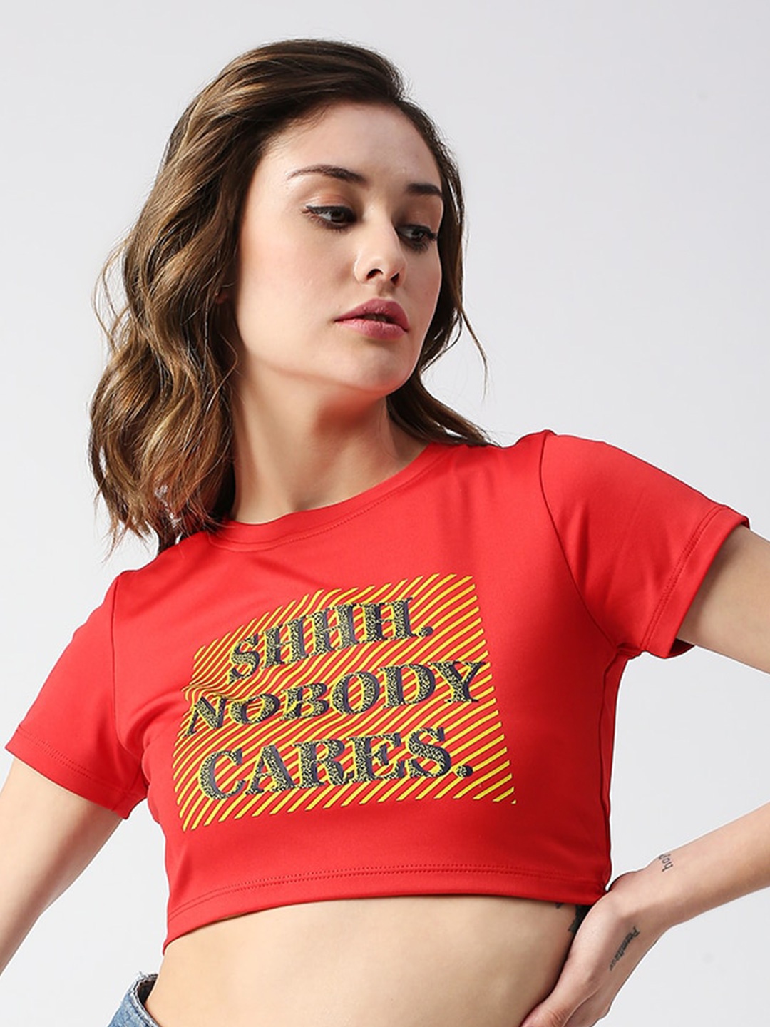 

Disrupt Typography Printed Slim Fit Crop T-shirt, Red