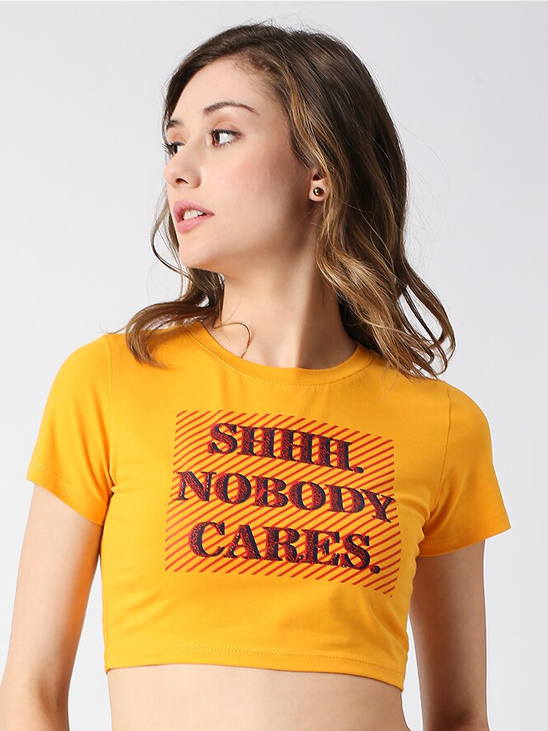 

Disrupt Typography Printed Slim Fit Crop T-shirt, Mustard