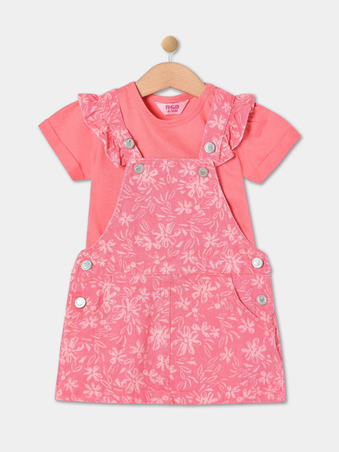 

R&B Infant Girls Floral Printed Cotton Pinafore Dress With T-Shirt, Pink
