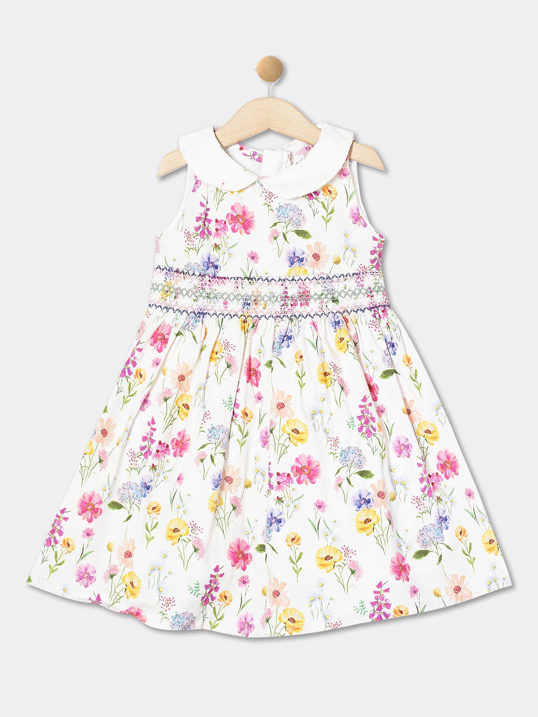 

R&B Girls Floral Printed Peter Pan Collar Cotton Fit & Flare Dress, White