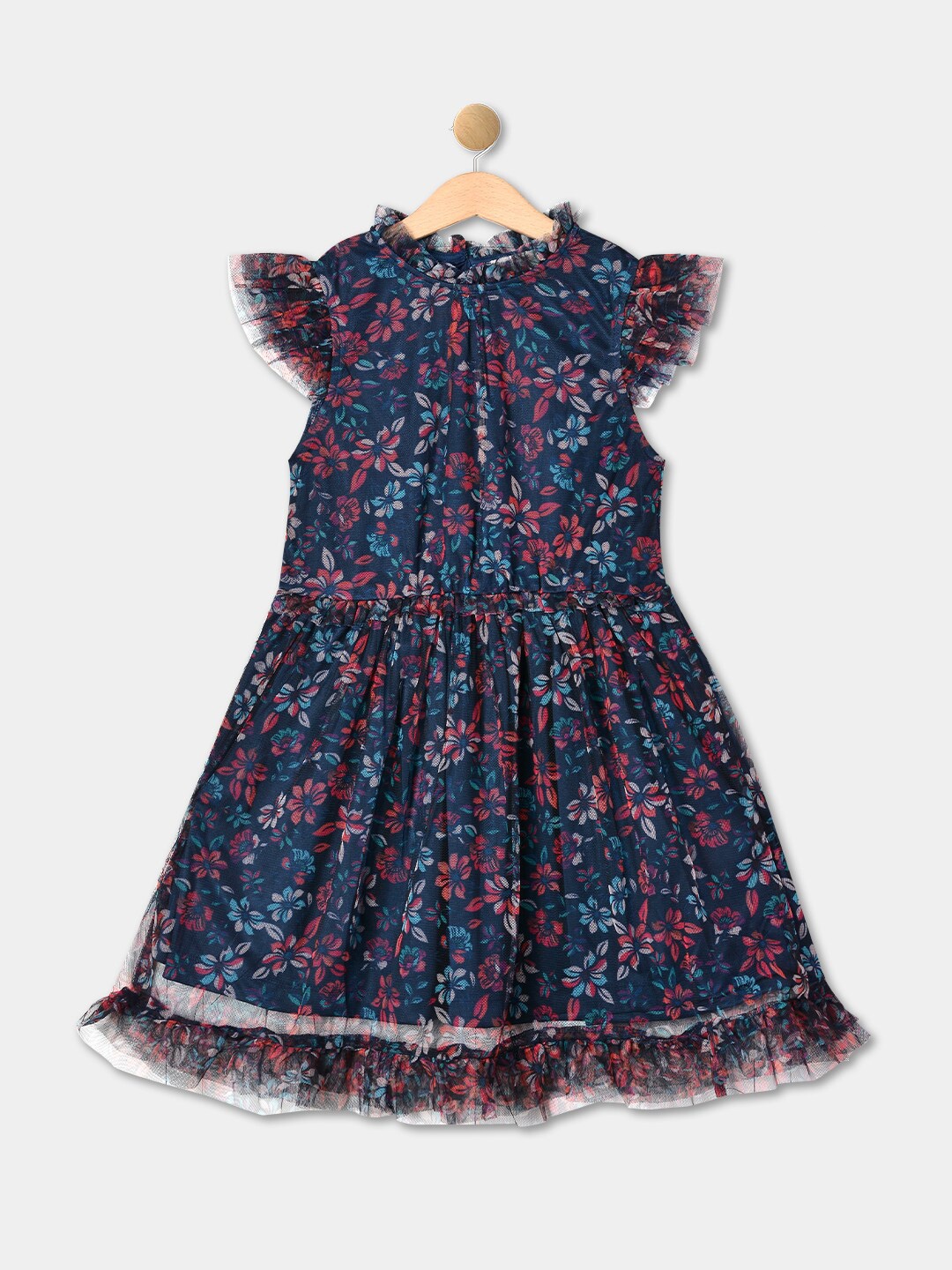 

R&B Girls Floral Printed Fit & Flare Dress, Navy blue