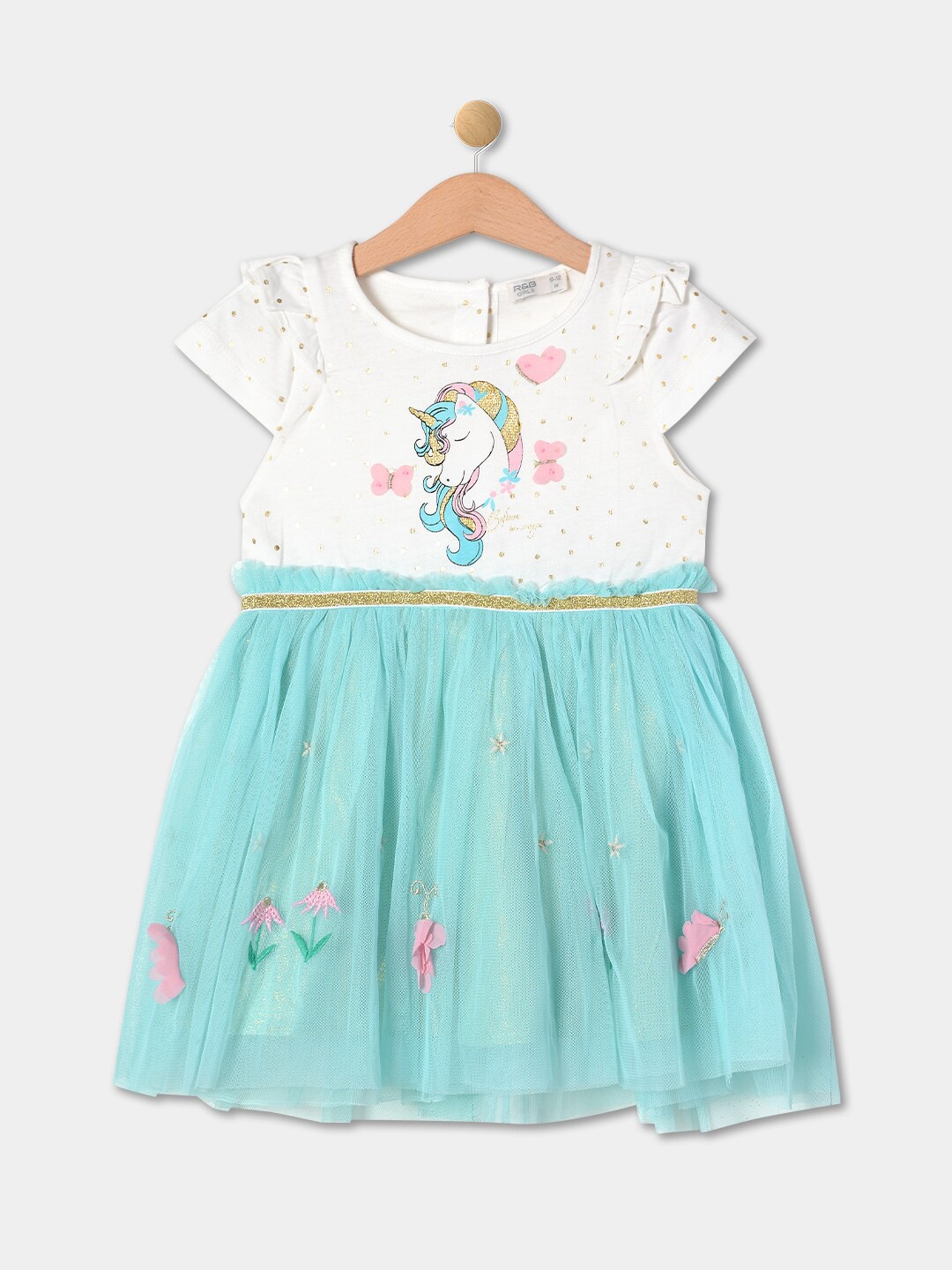

R&B Girls Unicorn Printed Cotton Fit & Flare Dress, White