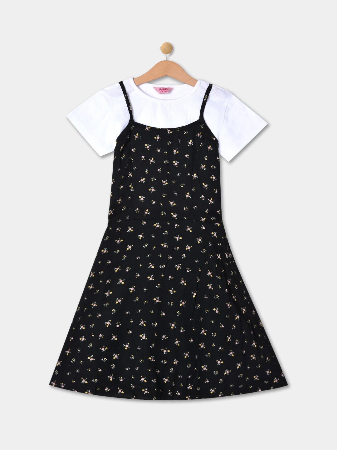 

R&B Girls Floral Printed Cotton A-Line Dress With Top, Black
