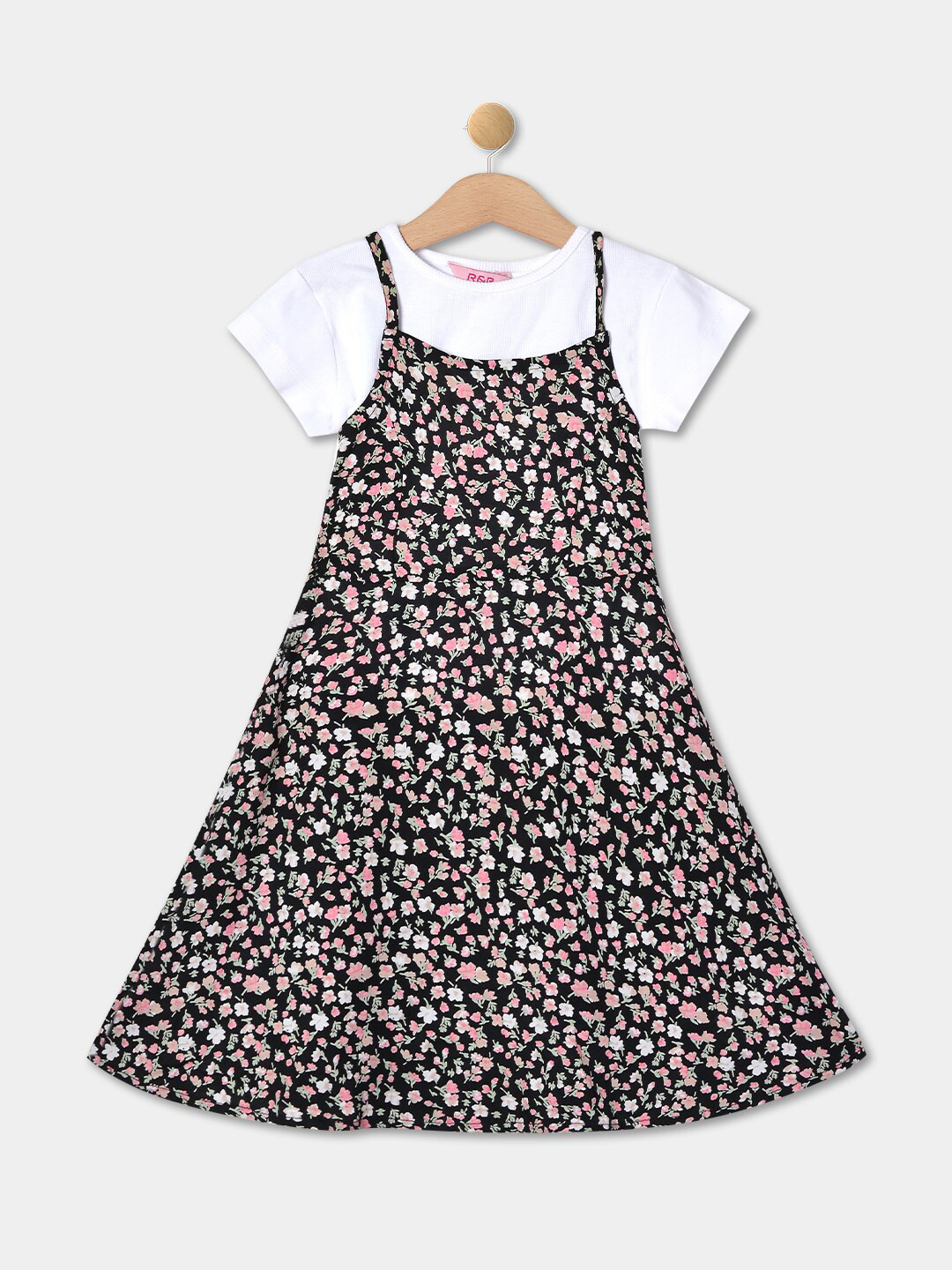 

R&B Girls Floral Printed Cotton A-Line Dress With Top, Black