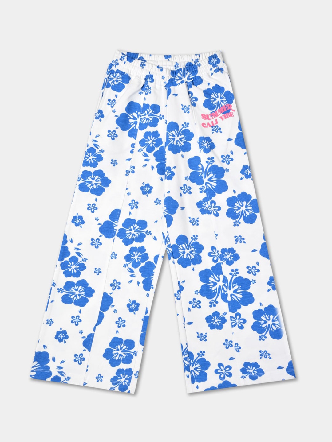 

R&B Girls Mid-Rise Floral Printed Pleated Cotton Trousers, White