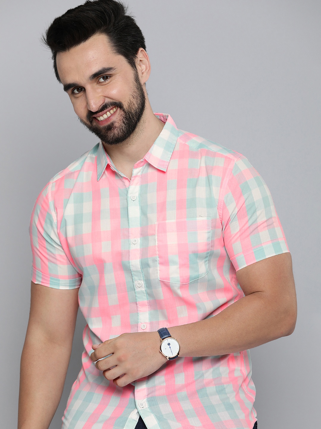 

HERE&NOW Men Slim Fit Opaque Checked Cotton Casual Shirt, Pink