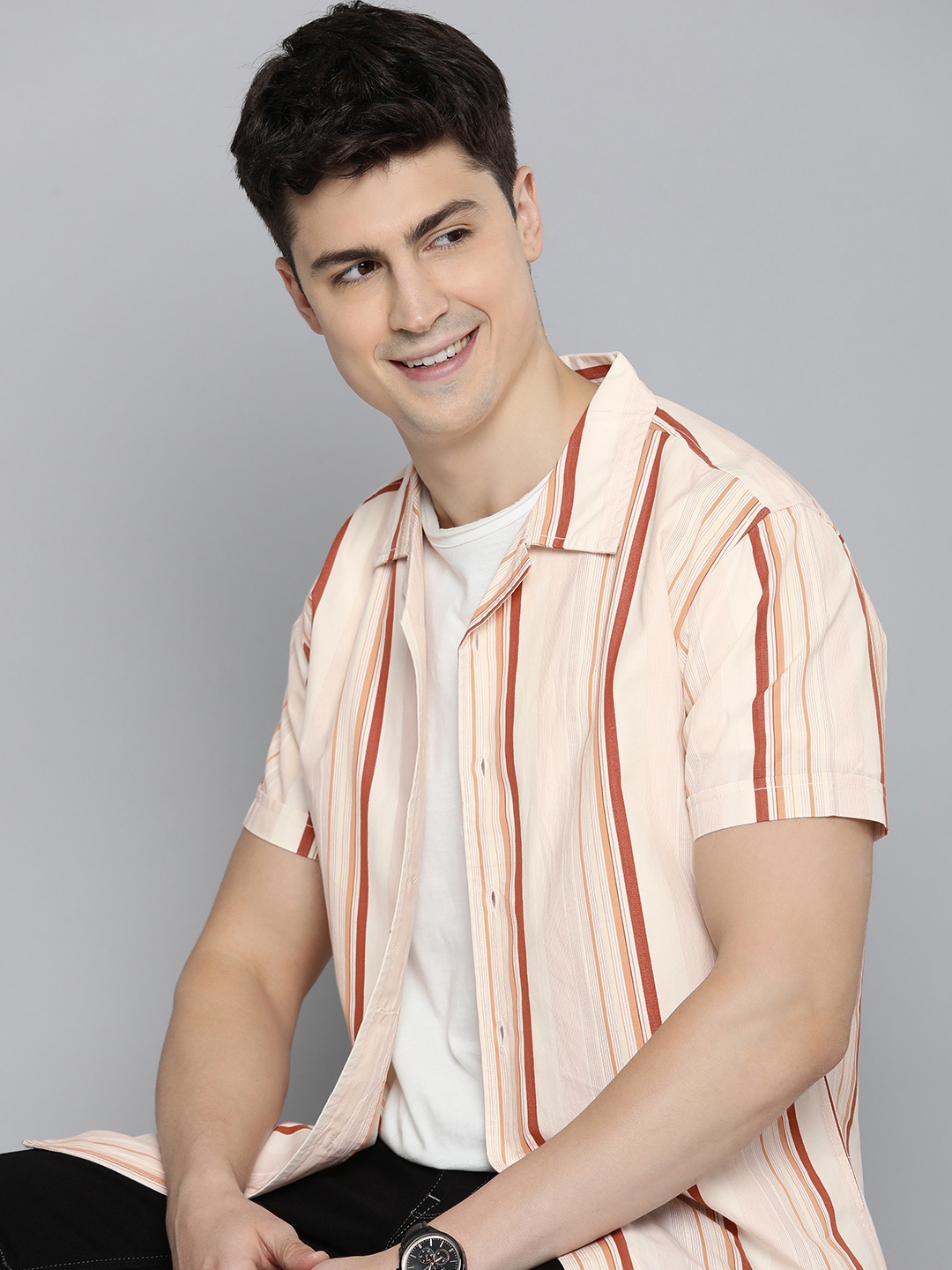 

HERE&NOW Men Slim Fit Opaque Striped Cotton Casual Shirt, Peach