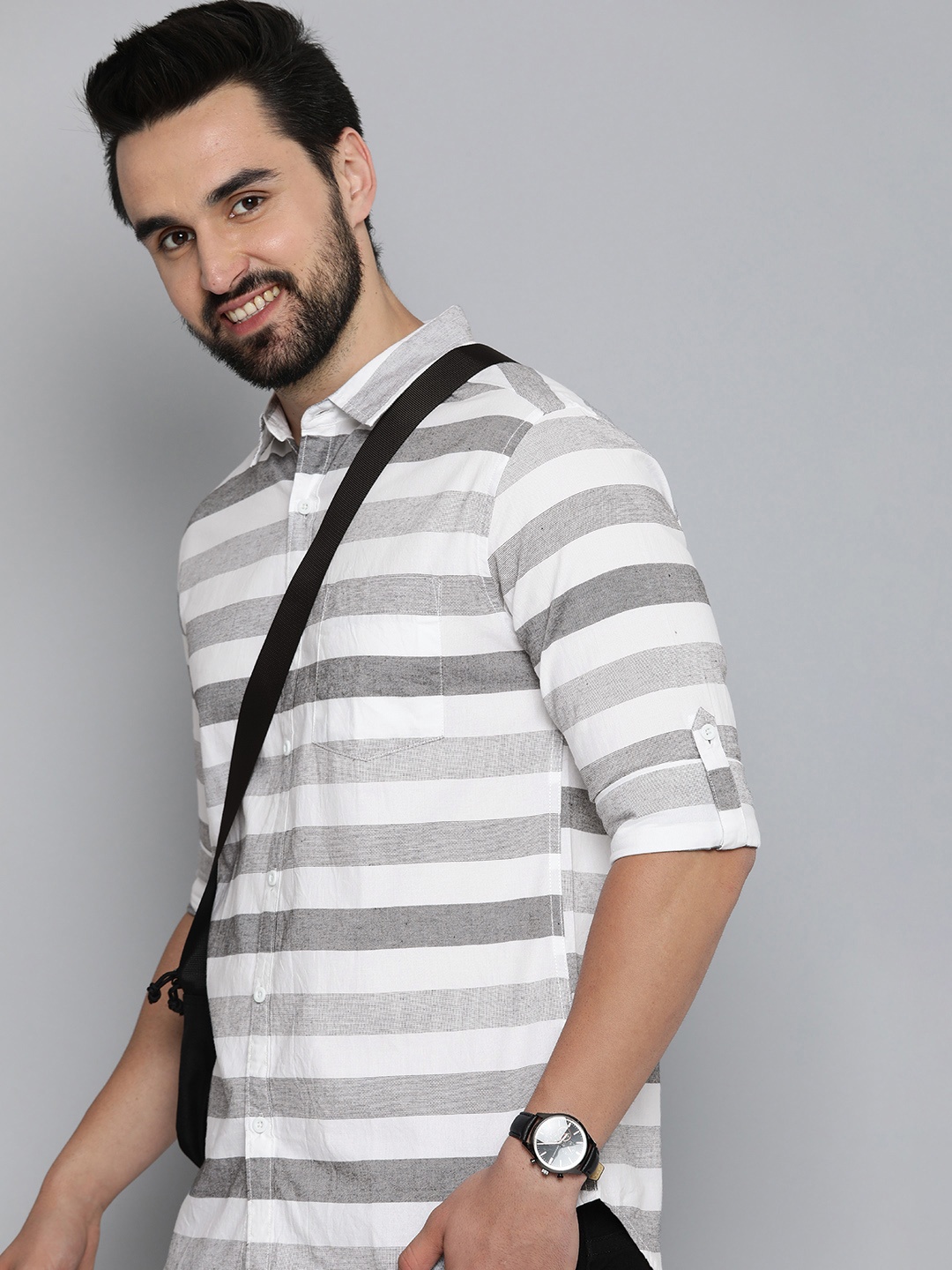 

HERE&NOW Men Slim Fit Horizontal Striped Casual Shirt, White