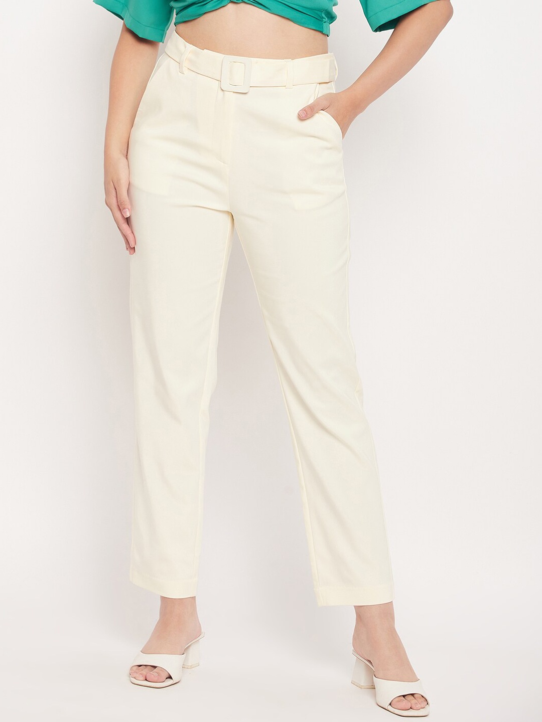 

Madame Women Mid Rise Cotton Trousers, Off white