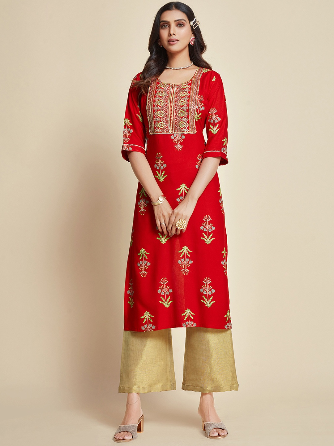 

Sangria Red & Green Floral Printed Thread Work Kurta