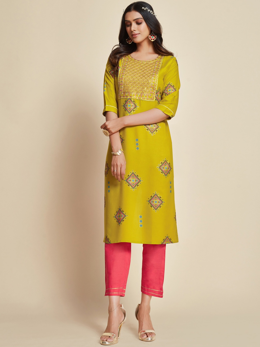 

Sangria Mustard Yellow Geometric Printed Thread Work Straight Kurta