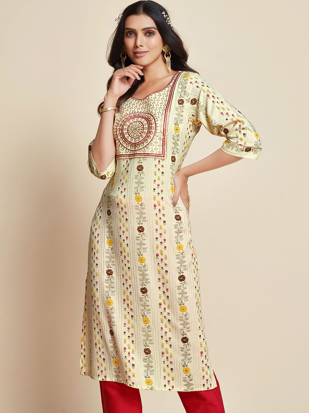 

Sangria Cream & Red Floral Printed Thread Work Straight Kurta